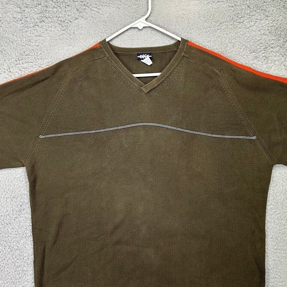 BKE Sweater Mens Large Olive Green Orange V-Neck Sweatshirt Pullover Long Sleeve